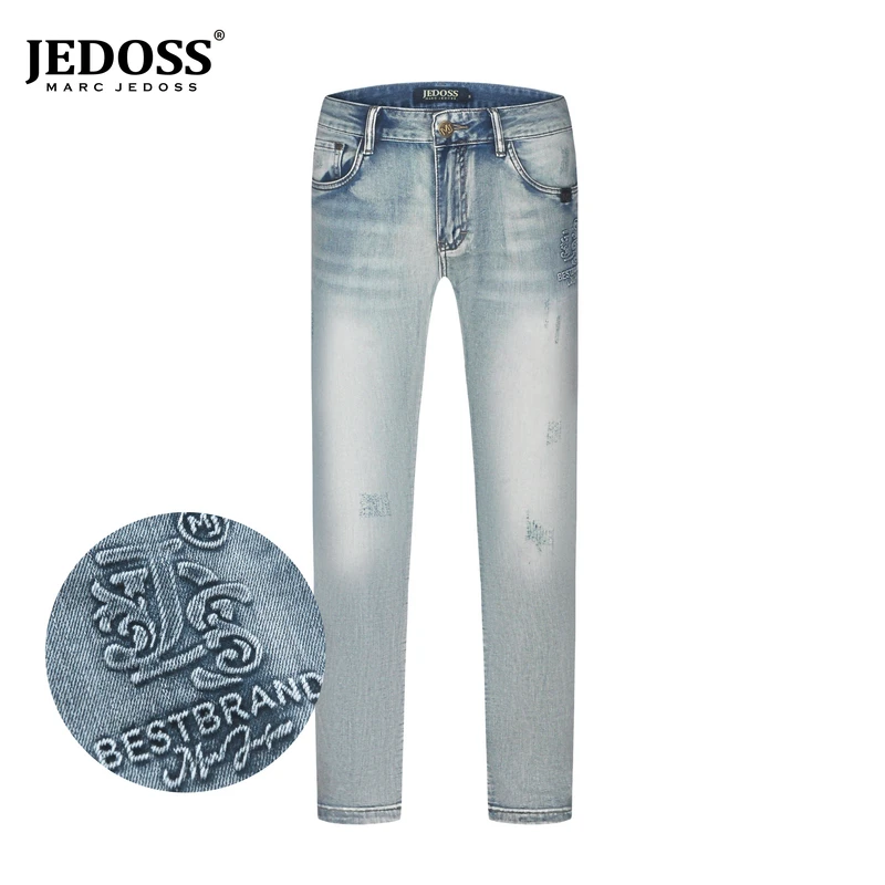 JEDOSS/爵迪斯夏季男士新款logo压凸磨破直筒牛仔裤子宽松长裤