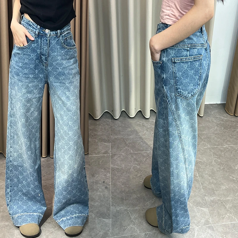 欧货烫钻牛仔裤女潮2025年春季新款高腰宽松显瘦做旧直筒阔腿长裤