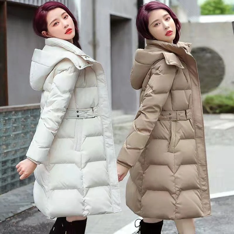 啄木鸟羽绒服女2025新款中长款加厚修身显瘦女士冬装外套白鸭绒