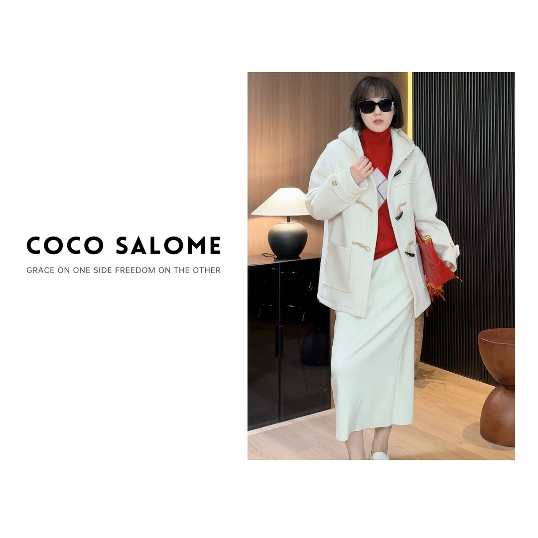 COCO SALOME【白天鹅】绒毛风奶白色牛角扣中长款连帽大衣0846
