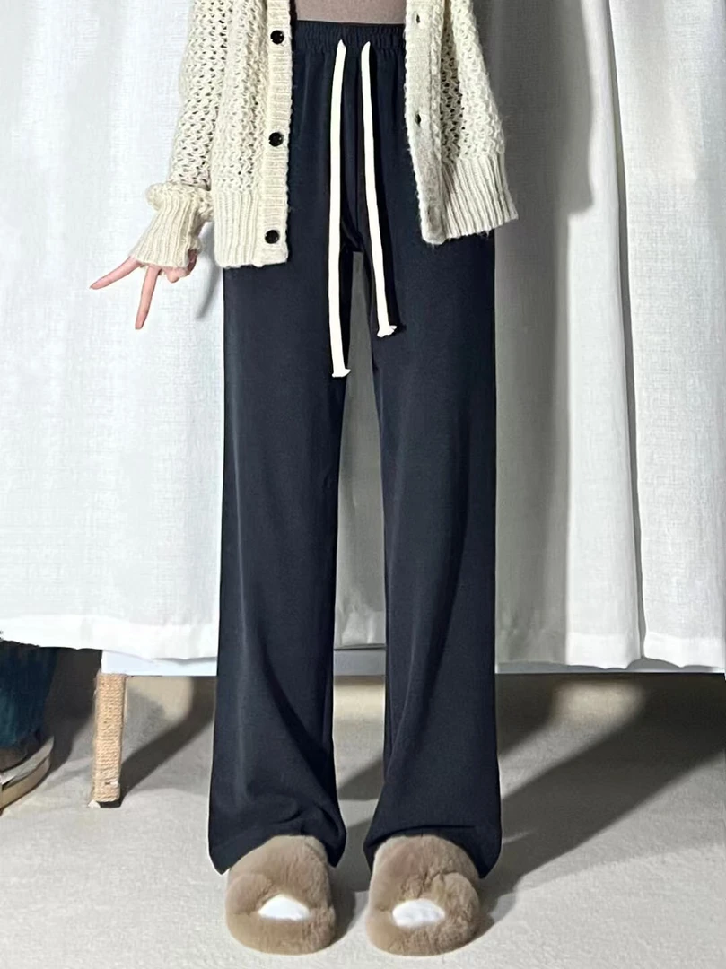 1011-1020女士雪尼尔休闲裤阔腿宽松显瘦直筒时尚百搭加绒加厚