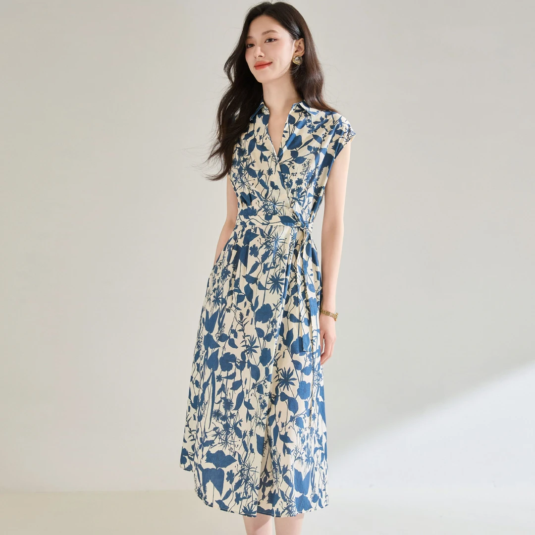 【盛都】法式棉质青花蓝印花衬衫领收腰显瘦通勤气质连衣裙25098