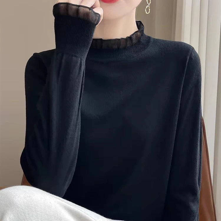 时尚半高领内搭纯色木耳边长袖花边袖修身蕾丝薄款打底衫DL2052