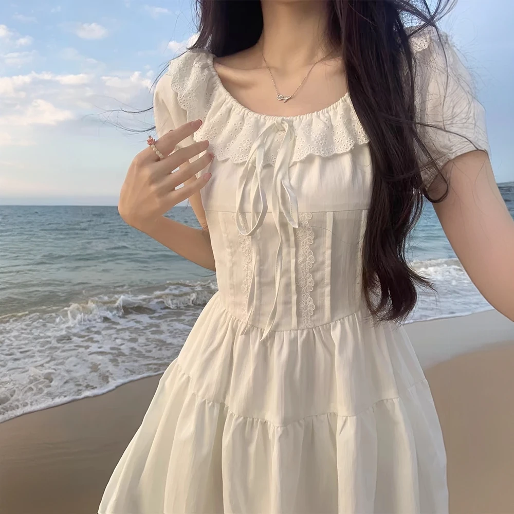 King PRINCE夏季连衣裙女短袖a字花边白色短裙子显瘦气质高腰