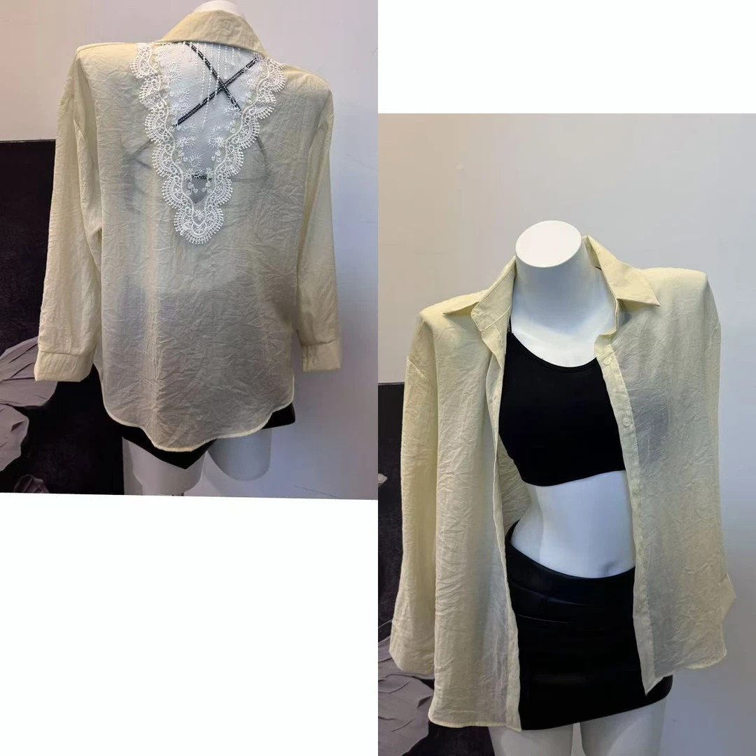 （浠儿家）蕾丝镂空黄色防晒衬衫夏季薄款衬衫