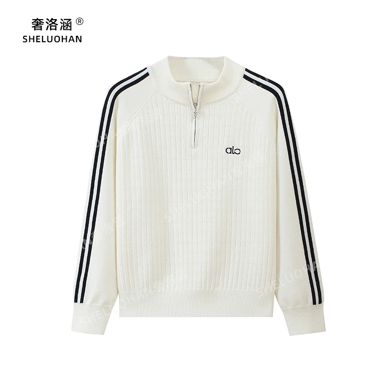 安迪绒半高领拉链加厚针织衫女秋冬字母刺绣条纹宽松百搭打底毛衣