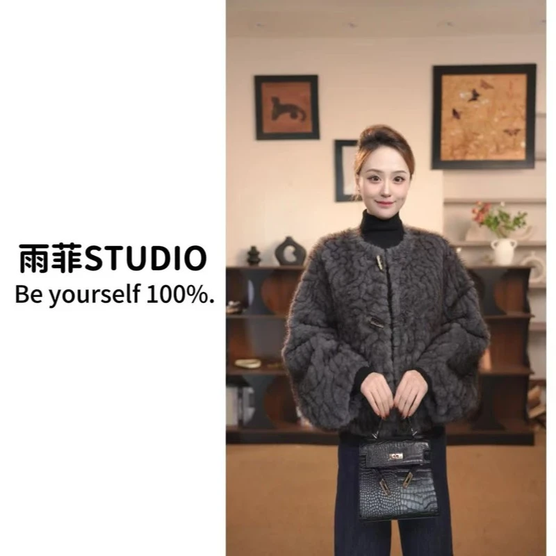 【雨菲】灰紫色女士短款毛毛外套设计师冬季气质精致GY-BDP95233