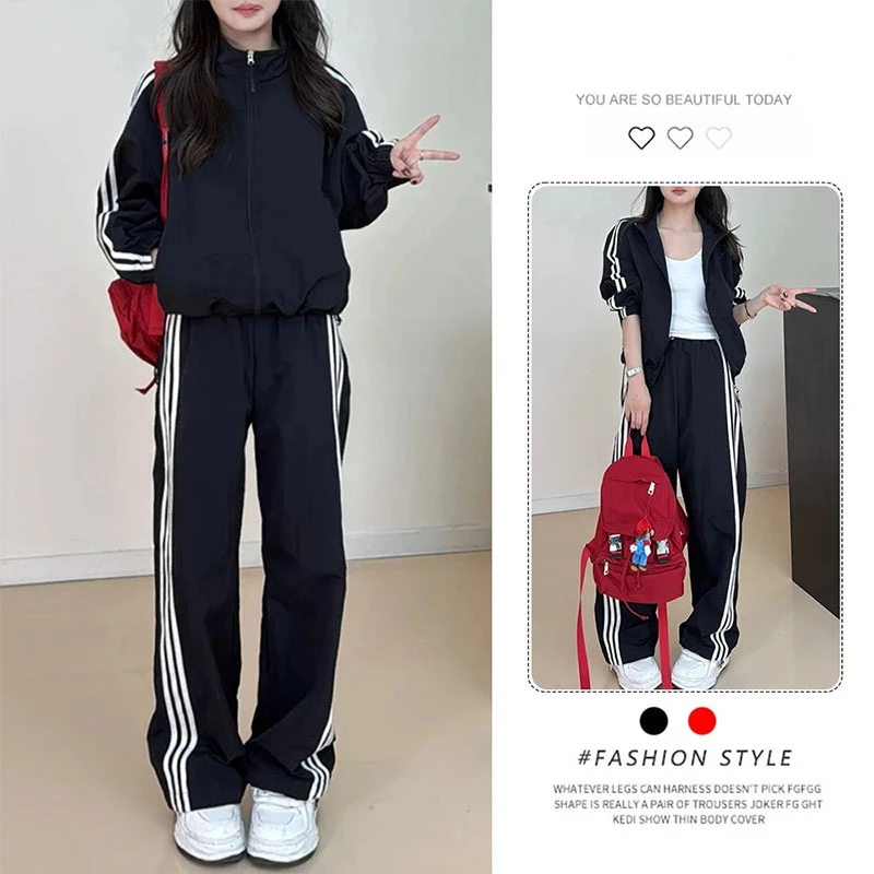 韩版气质休闲条纹短款外套休闲阔腿长裤女装2025秋季新款运动套装