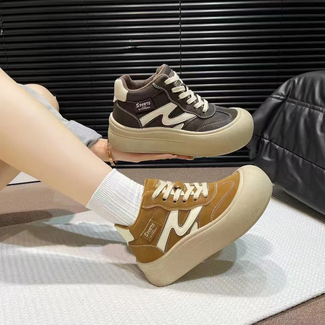 二棉 高帮鞋女秋季加绒厚底增高小白鞋百搭休闲运动板鞋  112