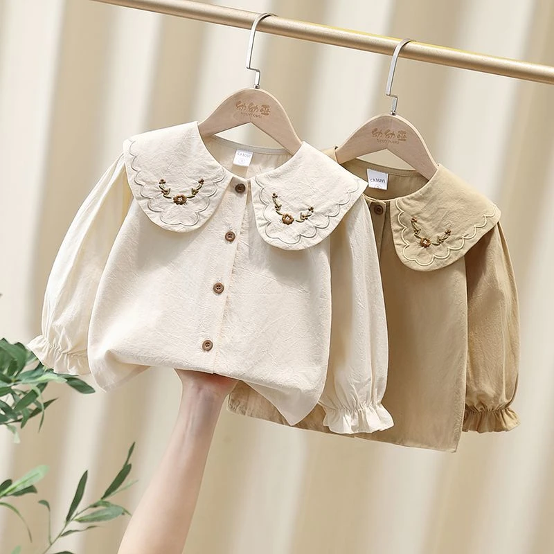 女童衬衫秋季2025新款小童秋装洋气时髦长袖春秋款女宝娃娃领衬衣