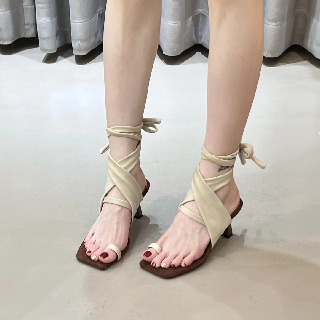 5厘米轻复古罗马凉鞋套趾高跟中跟系带绑带凉鞋女