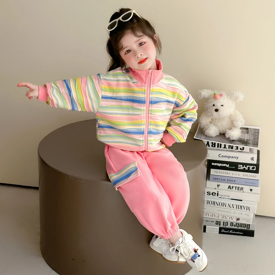 女童秋季2025新款儿童时尚洋气中小童可爱风彩色立体条纹休闲套装