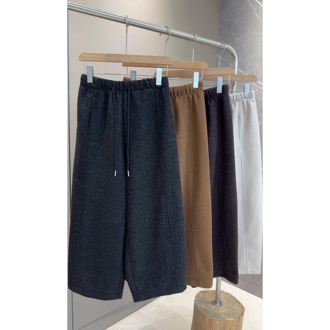 加绒厚绒压线气球阔腿裤女款欧货冬季美拉德风高腰休闲裤