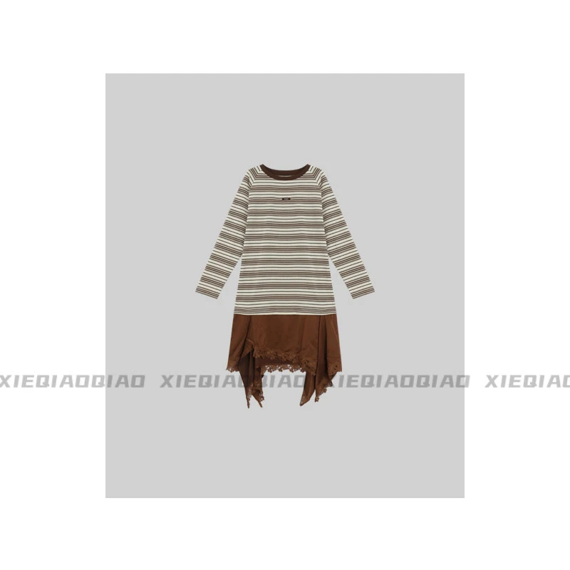 谢荞荞「色卡布格」早秋新款拼接假两件下摆蕾丝条纹圆领长袖连衣裙