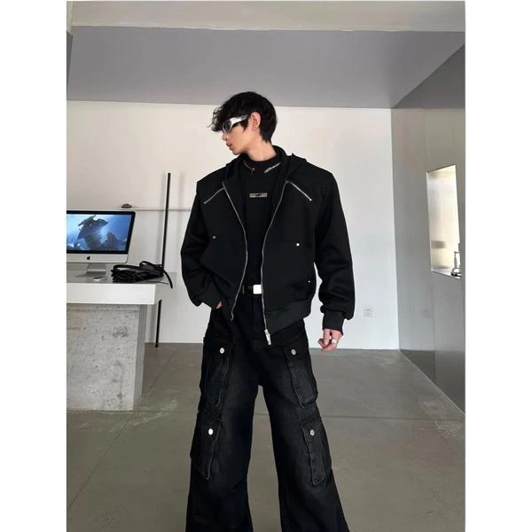 小众拉链设计感早春短款廓形连帽开衫卫衣纯色百搭帽衫垫肩外套衣
