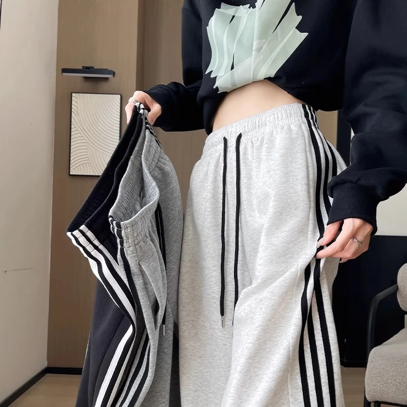 条纹阔腿裤子女春秋款2025新款灰色卫裤小个子宽松慵懒运动休闲裤