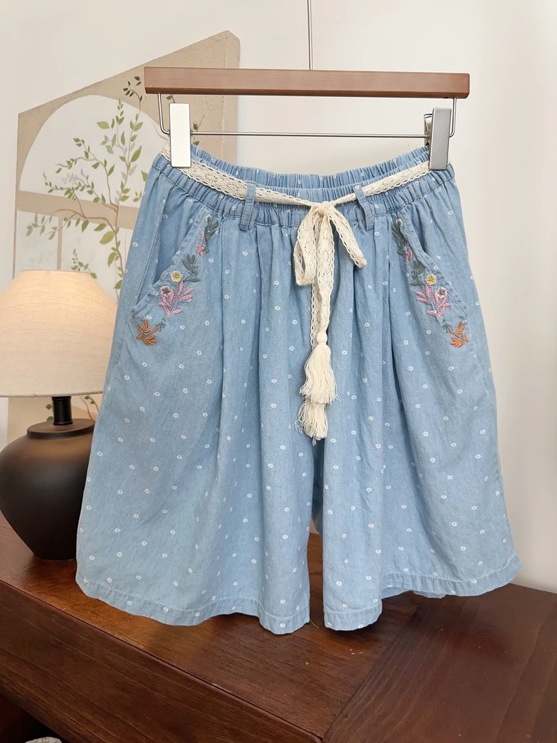 可衣-【小花朵短裤】夏季新款百搭薄牛仔短裤女口袋刺绣