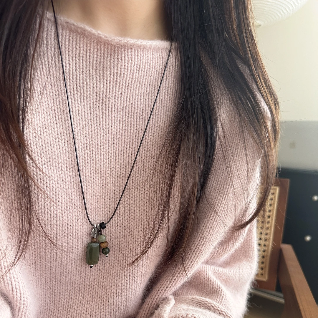 坠链均925银木质 原创设计时尚简约女绿方牌棕绳抽拉银项链3#3954