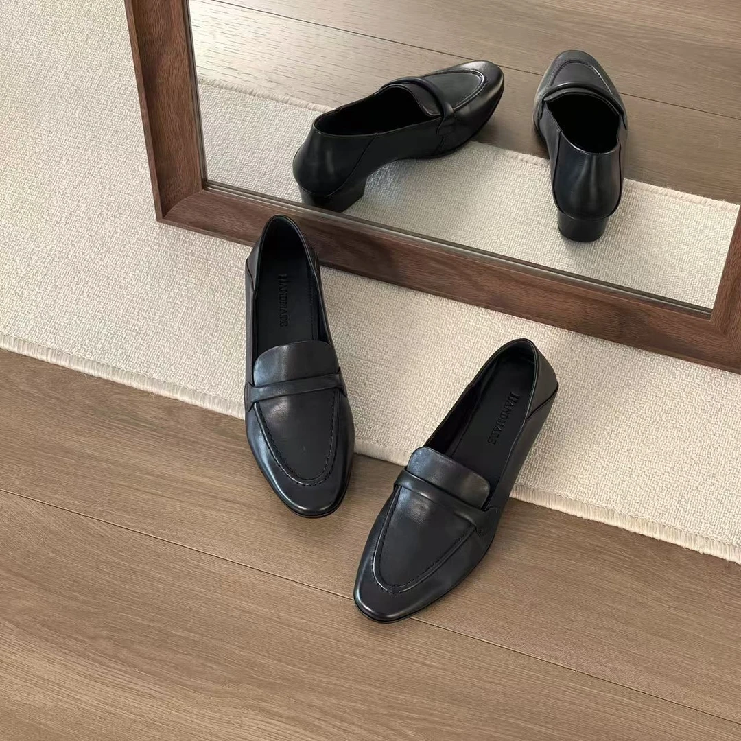 HUSSLOVE 头层牛皮·跟高3CM·复古通勤一脚蹬牛筋软底休闲乐福鞋