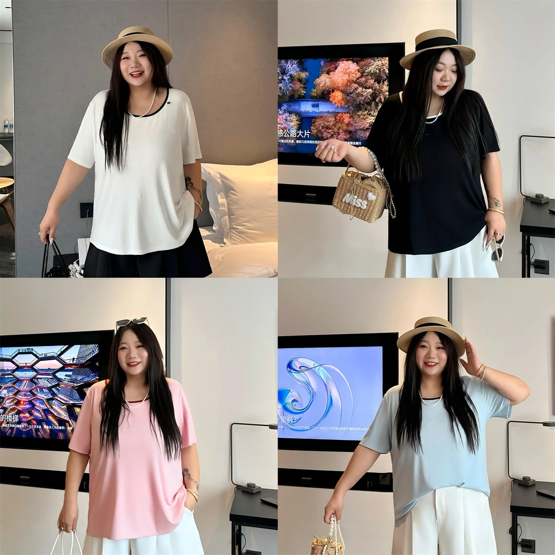 断码捡漏~马德里日/莫代尔慵懒风撞色短袖T 14677 花契大码胖mm