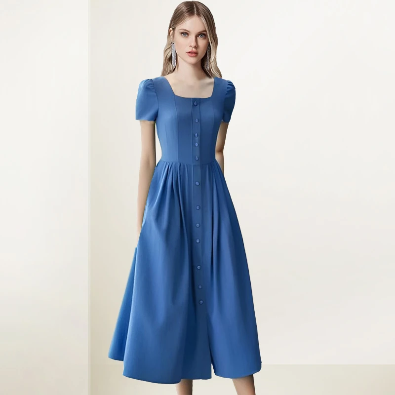法式复古蓝色方领连衣裙女2025年夏装新款显瘦气质中长款A字裙潮