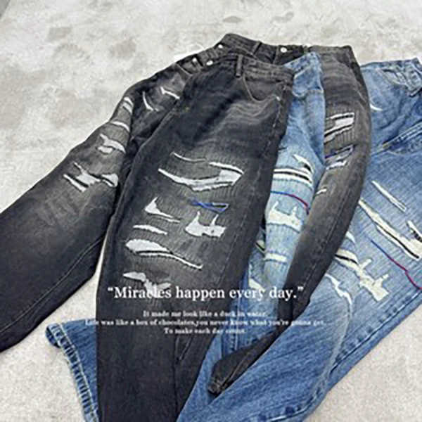 聪明陈 重工切割磨破水洗做旧牛仔裤夏季男百搭直筒裤40156