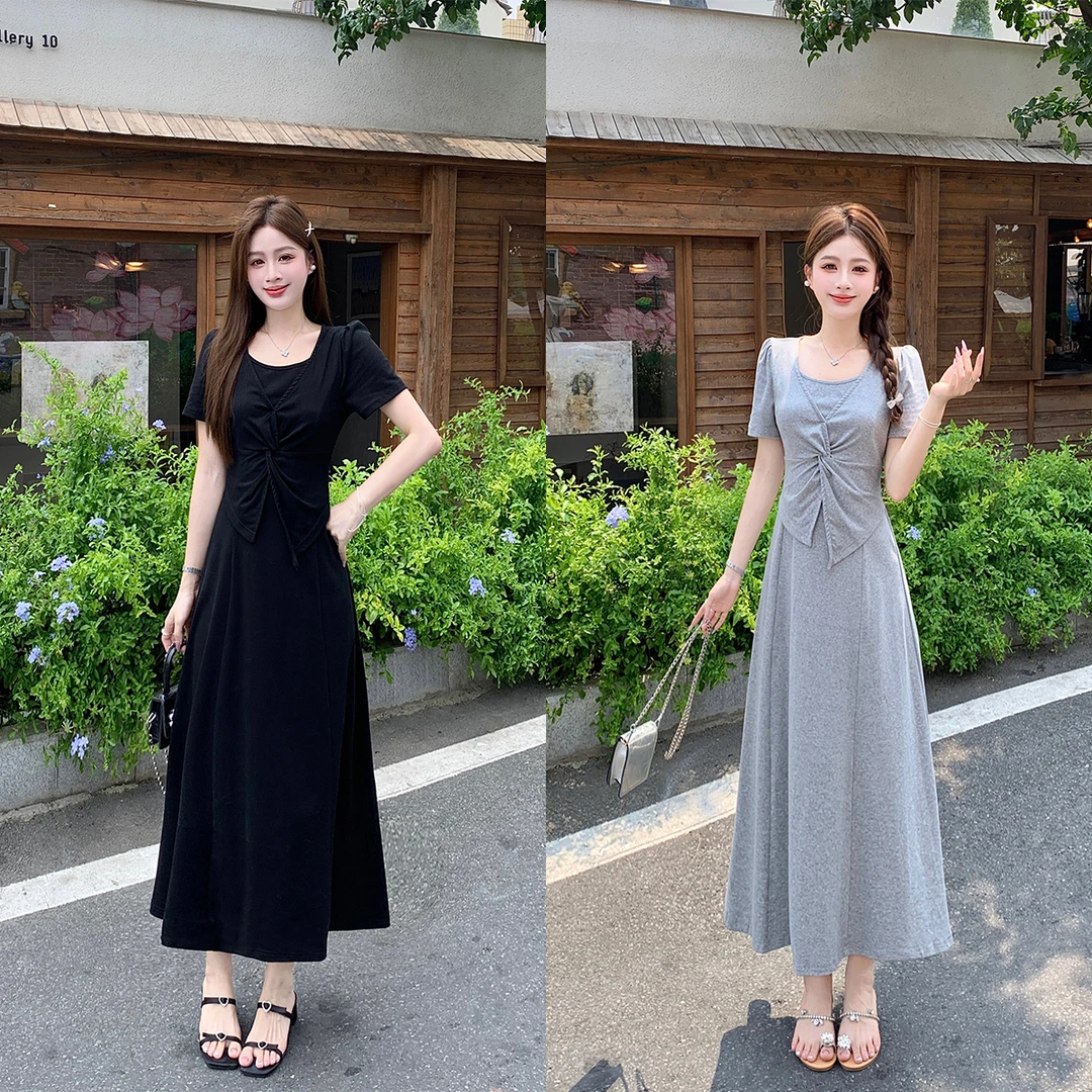 长2025夏季款胖mm大码扭结设计感法式连衣裙假两件气质长裙80091