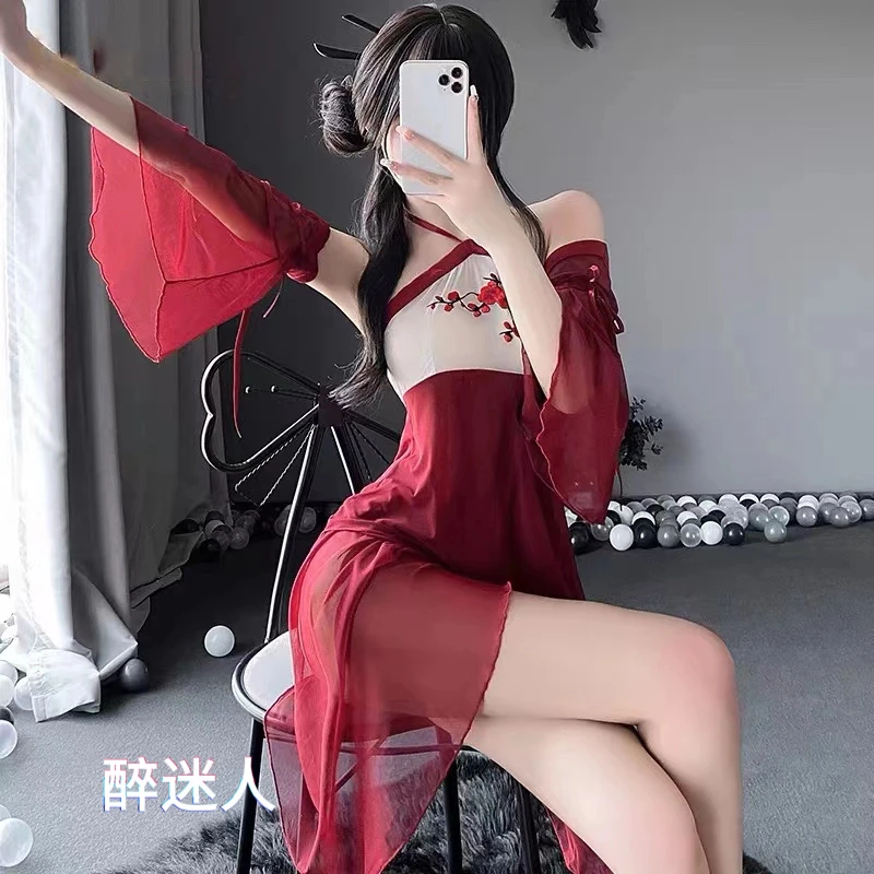 梅花弄国风性感挂脖长袖连衣裙透明气质红色夏季小个子打底连衣裙