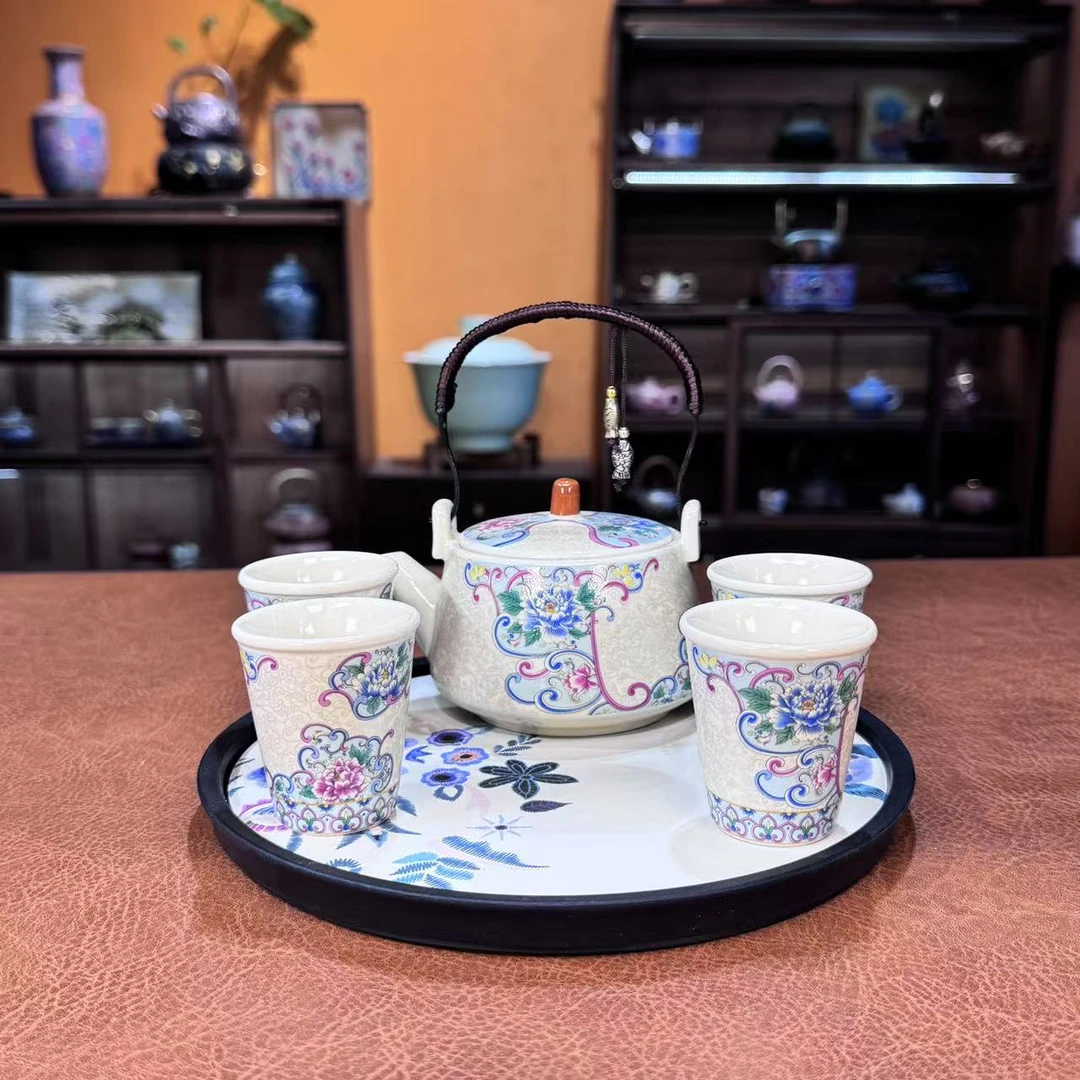 沐雨茶器 亮光黄（双鱼）掐丝牡丹提梁壶+四杯+刺绣牡丹圆盘-3103