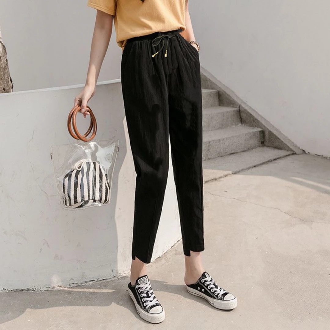 高腰垂坠感七分哈伦裤女2025夏季新款薄款宽松显瘦棉麻休闲裤子