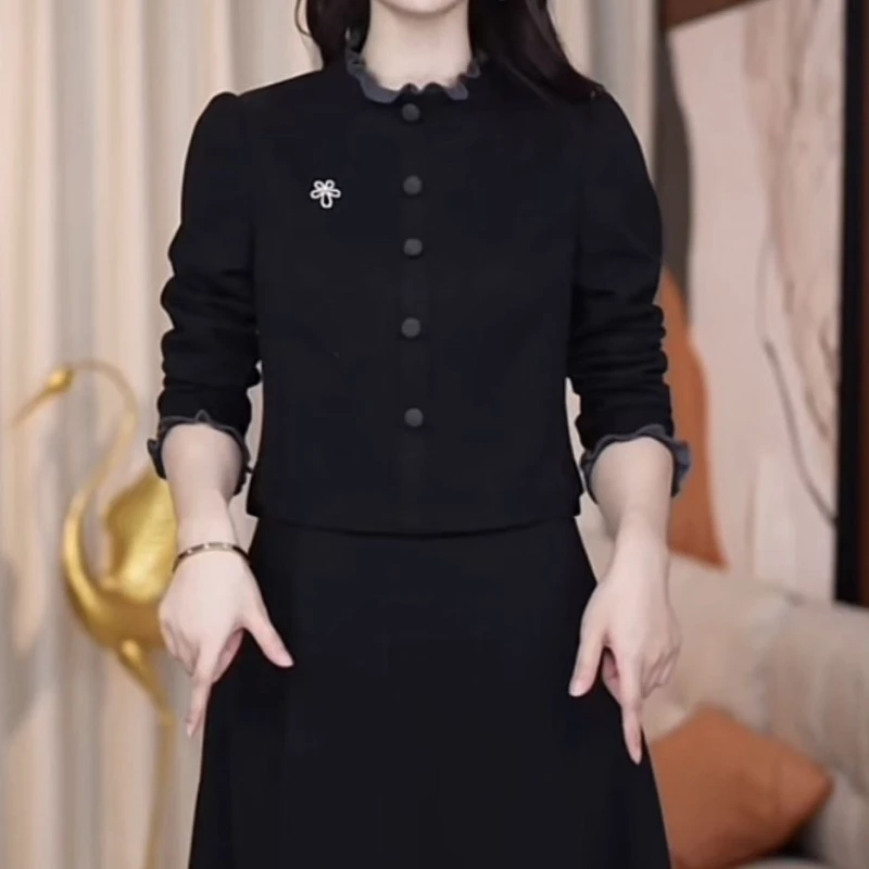 高档双面磨毛精纺连衣裙2024冬季新款洋气修身遮肉显瘦假两件裙子