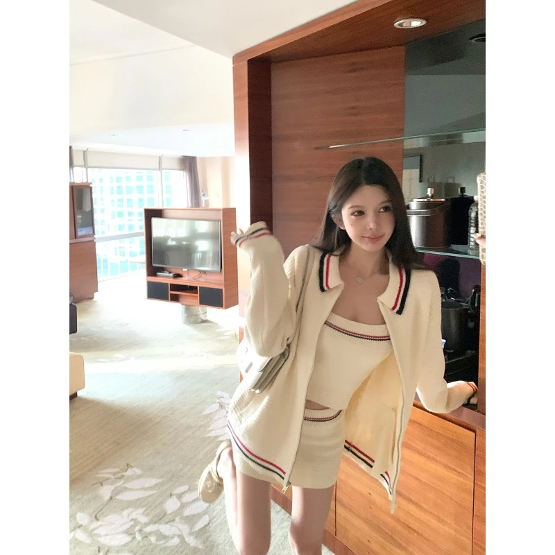 温柔风宽松休闲长袖毛衣外套纯欲吊带背心女秋季包臀半身裙三件套