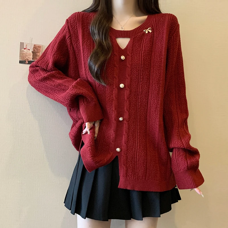 大码遮肚子设计感圆领镂空毛衣女秋冬胖mm宽松显瘦洋气百搭针织衫