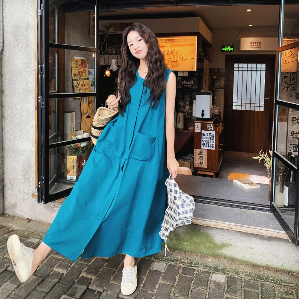 艺术生孔雀蓝无袖工装连衣裙女夏高级感盐系轻熟流行背心裙度假风