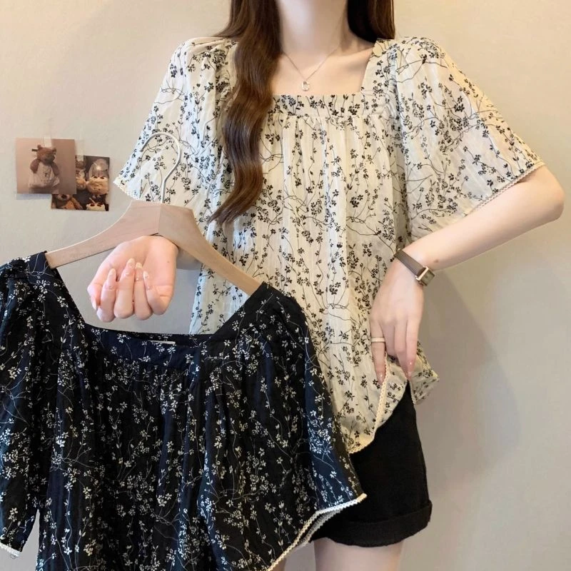 2025新款遮肚短袖衬衫夏季大码法式绝美宽松方领碎花上衣