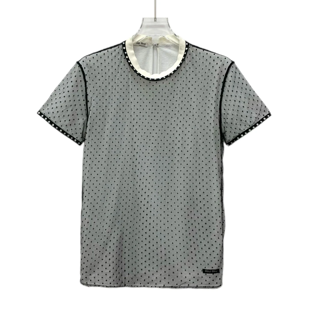 99新 MIU MIU/缪缪 DW0372 灰色镶钻波点蕾丝圆领短袖T恤 S码