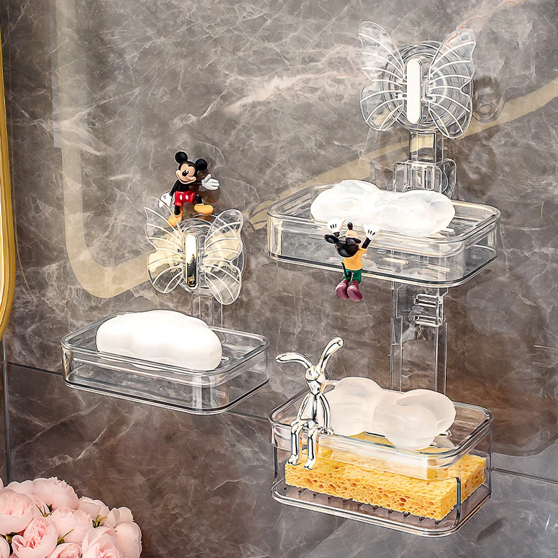 蝴蝶吸盘肥皂盒壁挂式免打孔家用高档卫生间墙上沥水置物架香皂盒