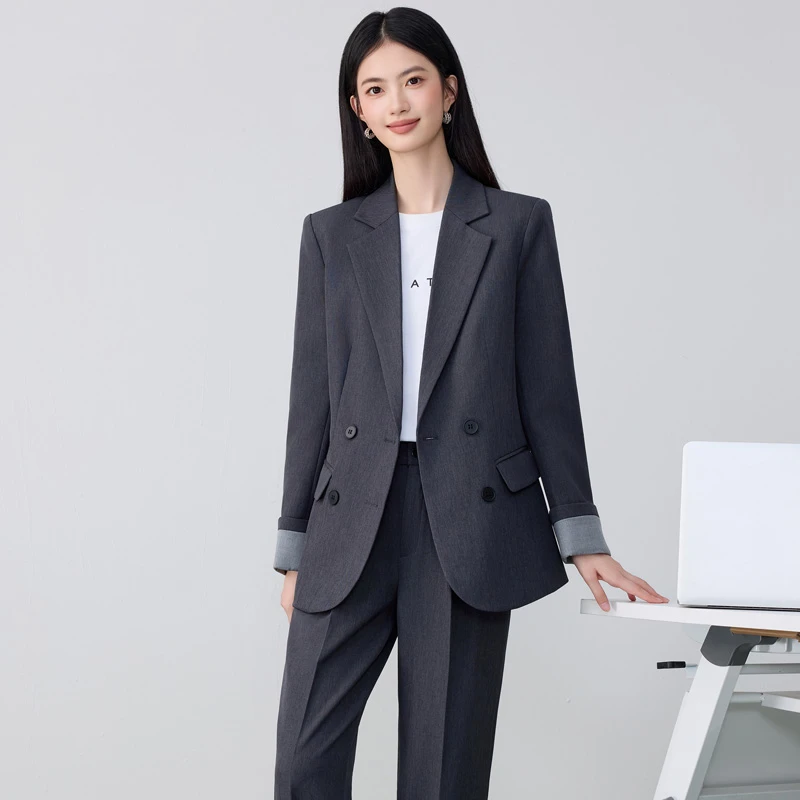 灰色西装套装女春秋新款大学生高级感面试职业正装西服外套阔腿裤