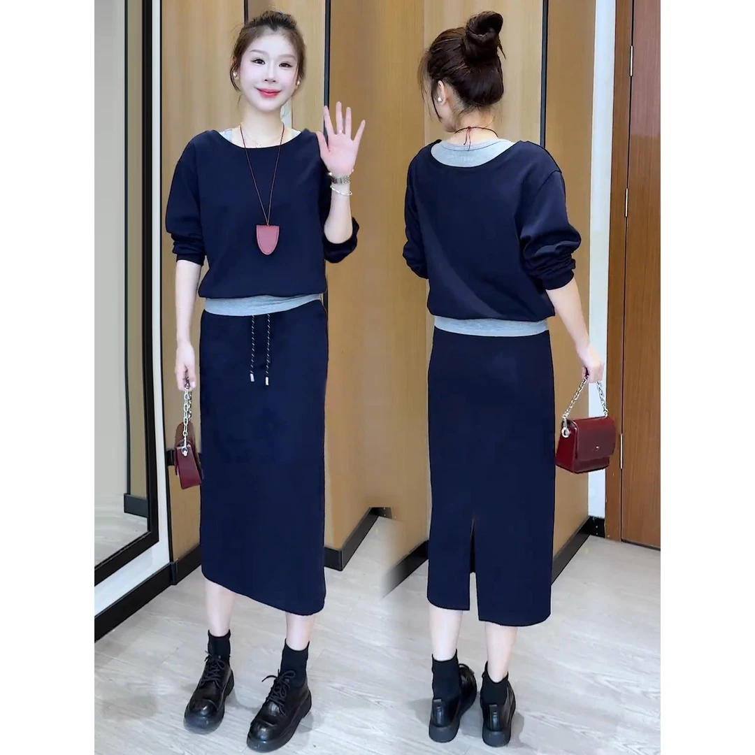 时尚休闲套装裙女秋季新款洋气宽松显瘦假两件卫衣半身裙两件套潮