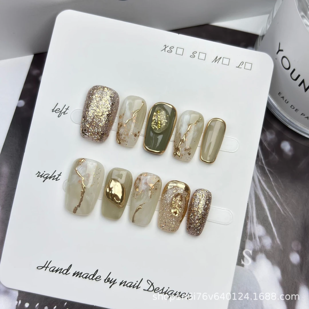 高级穿戴甲【明日之星】纯手工穿戴甲高级亮闪绿色晕染魔镜粉小众