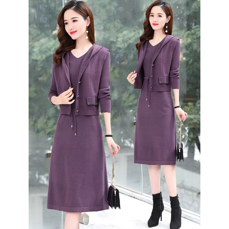 秋冬女性毛衣套装裙子两件套中长度过膝春季背心连帽毛衣连衣裙