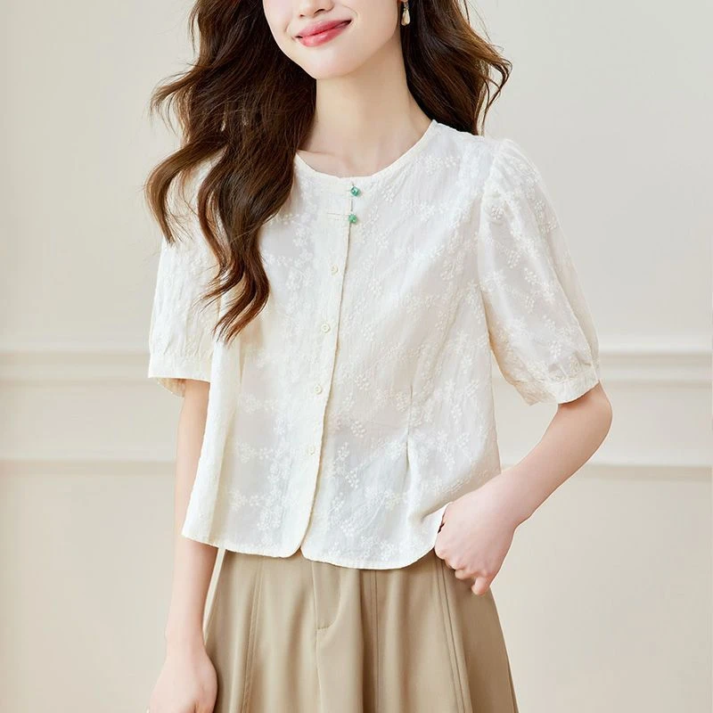 圆领复古高端刺绣短袖衬衫女2025夏季新款小个子上衣别致漂亮小衫