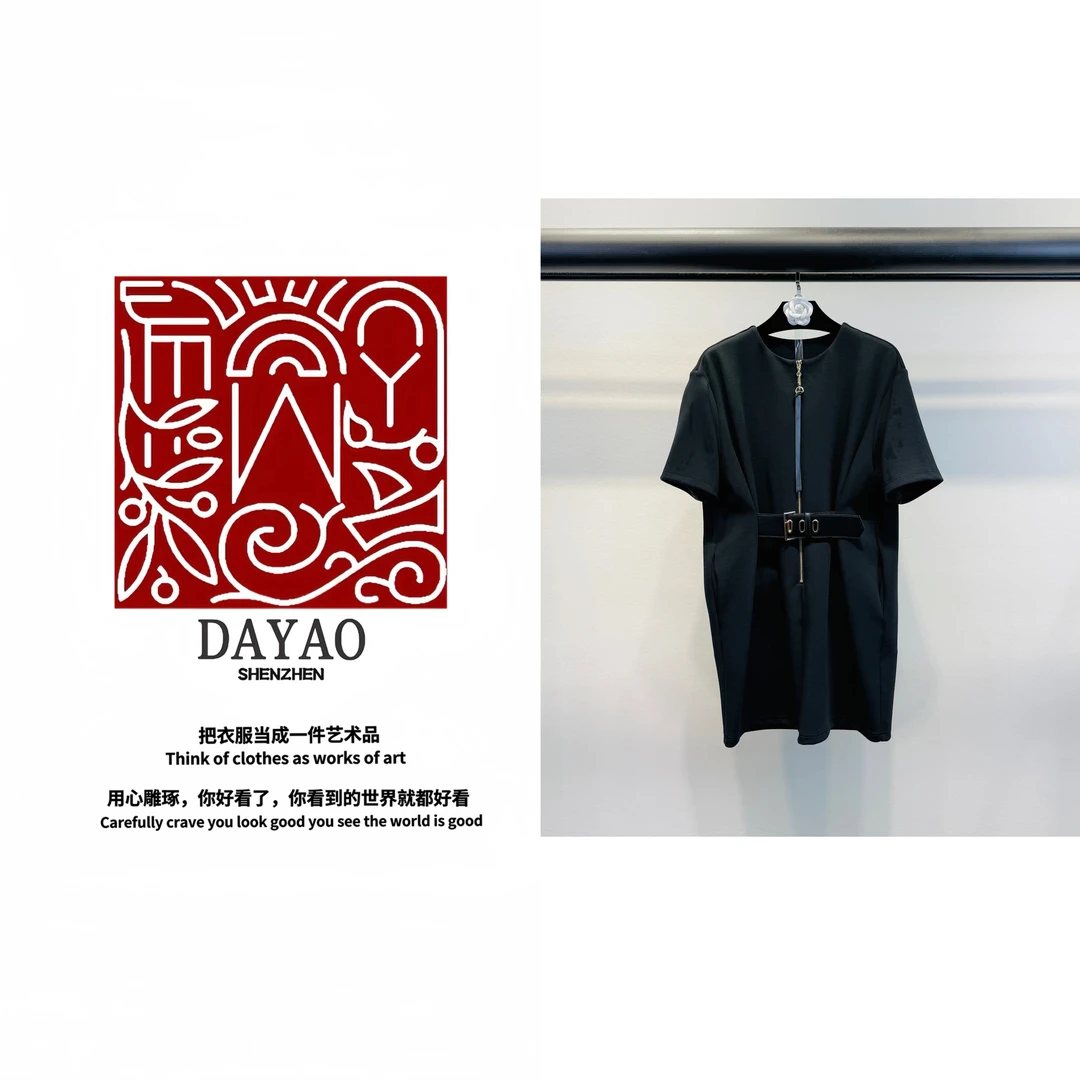 「DAYAO」25s法式街头风时尚拼接腰带连衣裙极简风黑色轻奢WYS25228
