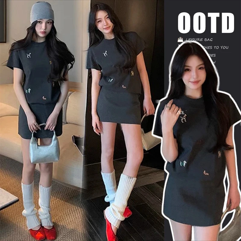 孕妇套装夏装2025新款韩版宽松显瘦短袖T恤半身裙两件套女夏外穿