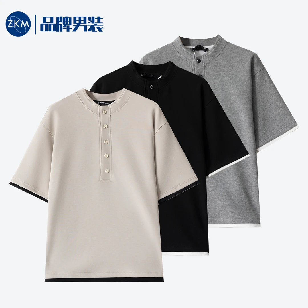 【兰精莫代尔 polo短袖】ZKM-25027百搭撞色时尚休闲拼接T恤半开领Q