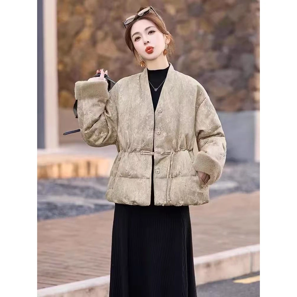 新中式高级感收腰显瘦v领棉服外套女新款显瘦棉衣G1-1819