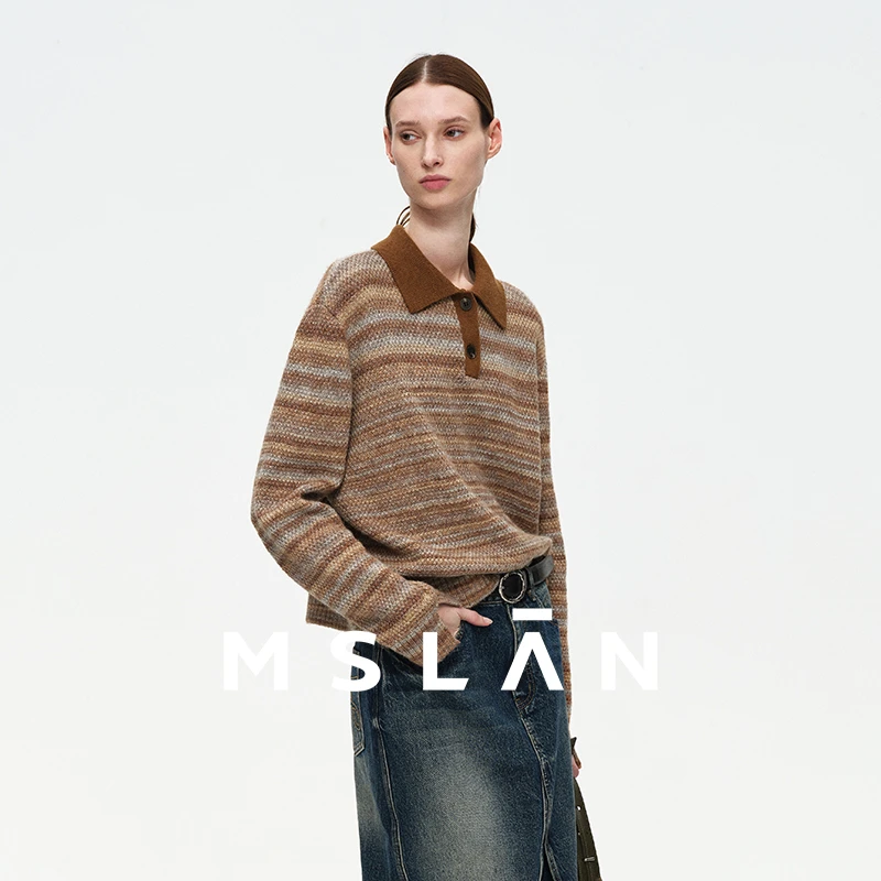 MSLAN【美拉德】新款撞色渐变polo衫休闲开衩破碎感花纱套衫MGDN423