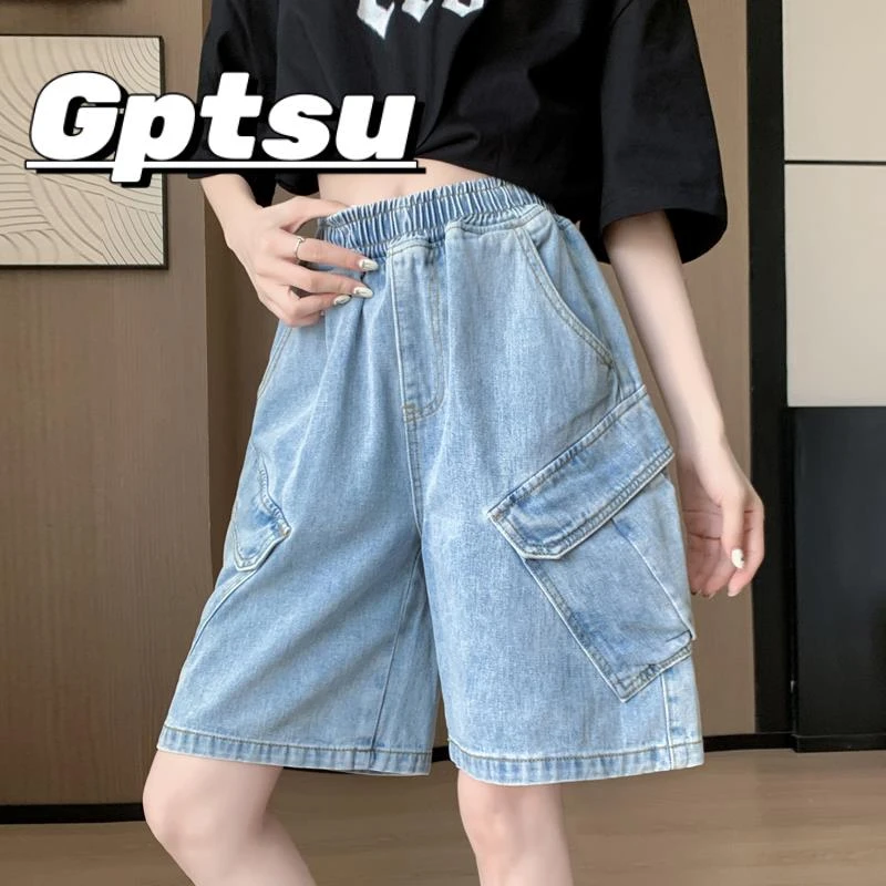 GPTSu复古牛仔短裤女夏季小个子外穿松紧高腰显瘦a字阔腿五分中裤