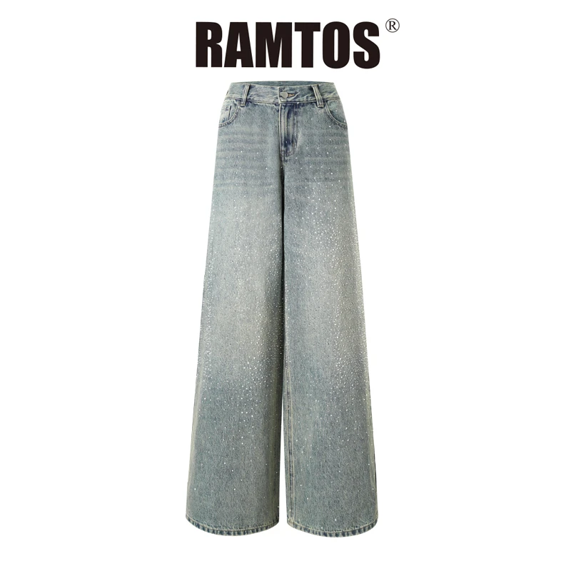 RAMTOS烫钻百搭水洗秋季微弹做旧牛仔裤高腰阔腿裤休闲裤
