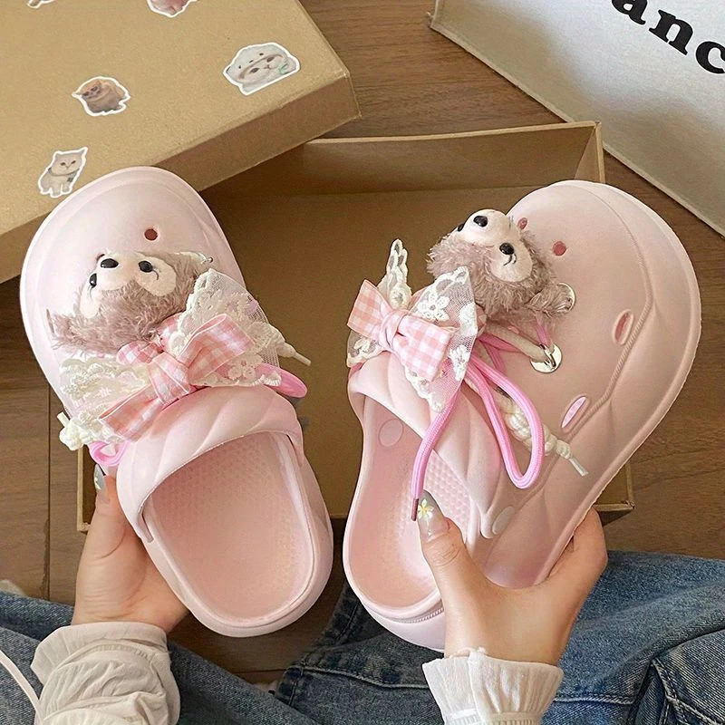 可爱甜美蝴蝶结绑带小熊两穿洞洞鞋女EVA透气不臭足弓支撑凉拖鞋